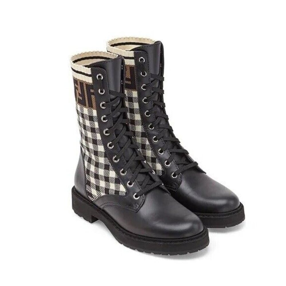 Fendi Rockoko Logo Combat Knit Domino Signature Biker Combat Boots 36